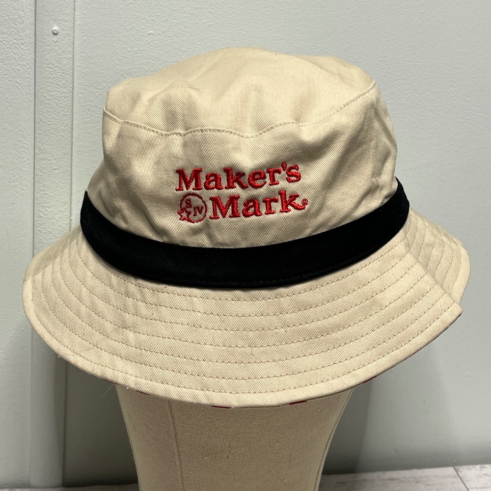 Makers Mark Bourbon Whiskey Bucket Hat Tan Red Logo Embroidered Sun Hat Mens